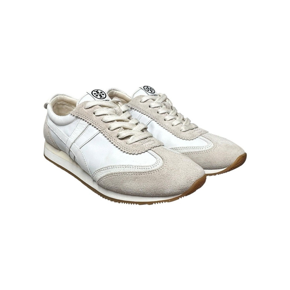 Tory Burch Hank Slim Sneaker Womens 8.5 Ivory White Suede Retro Trainer Gum Sole